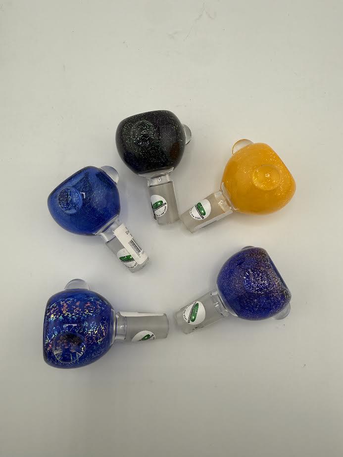 Six colorful glass bowl pieces in blue, black, yellow, and gold, showcasing unique designs and high-quality craftsmanship.