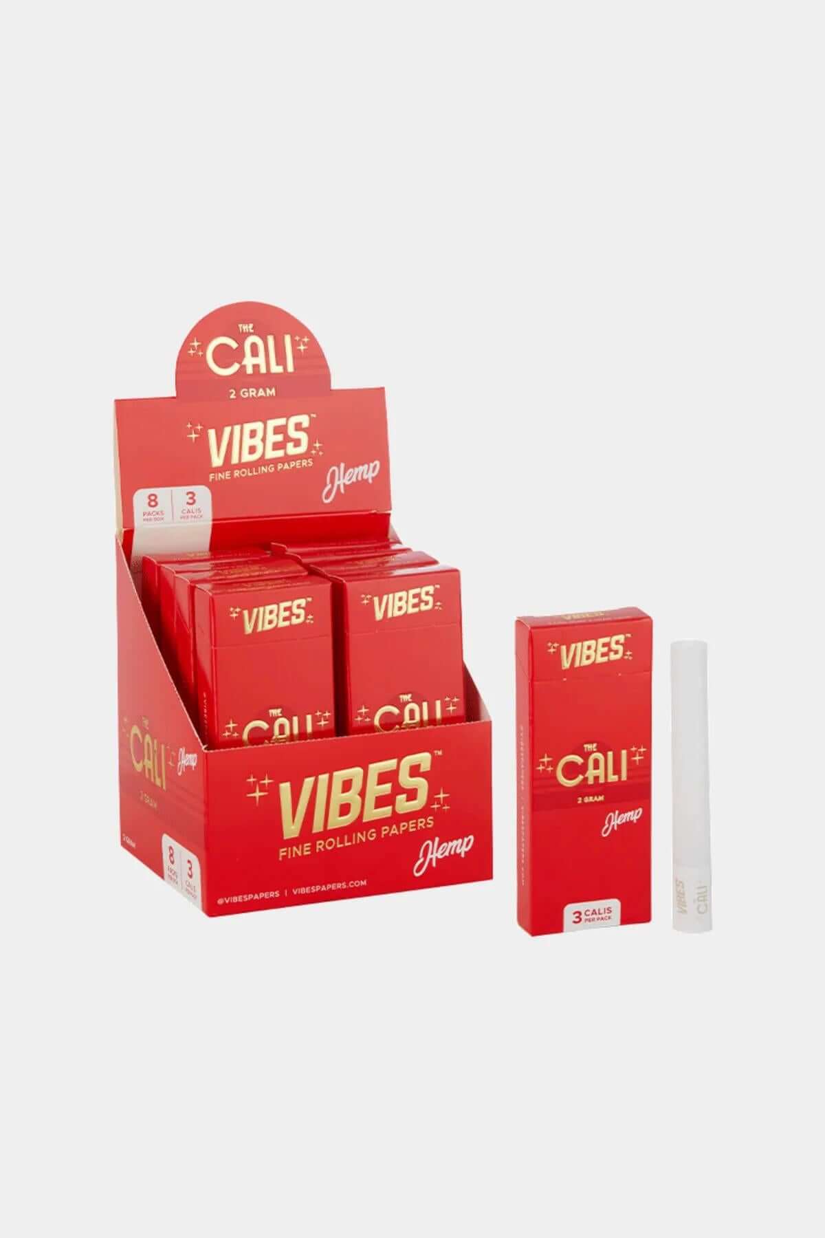 Vibes Cali 2g pre-rolled cones display, showing rice and hemp rolling papers in a vibrant red box.