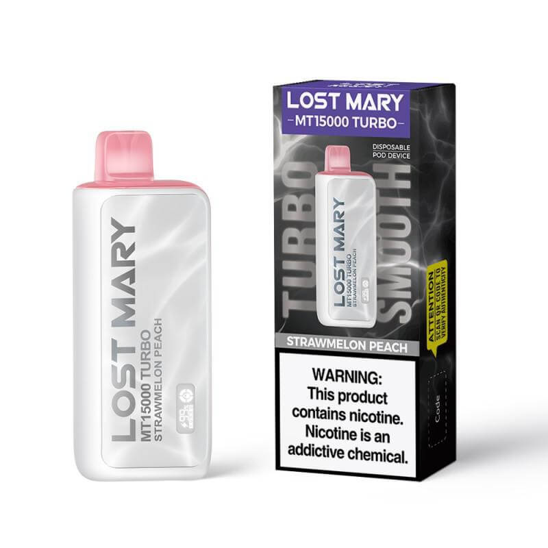 Lost Mary MT15000 Turbo vape showing the device and packaging for Strawmelon Peach flavor.