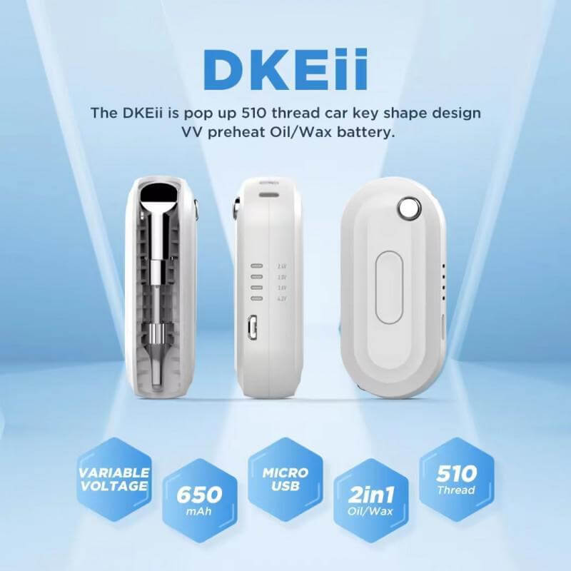 Dazzleaf DKEii 510 battery with variable voltage, 650mAh, and micro USB in car key design for oil and wax cartridges.