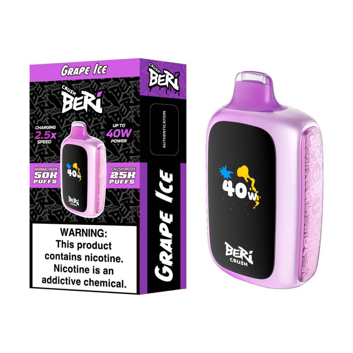 BERI CRUSH Disposable Vape in Grape Ice flavor, featuring 50,000 puffs and 40W power. Stylish packaging and design.