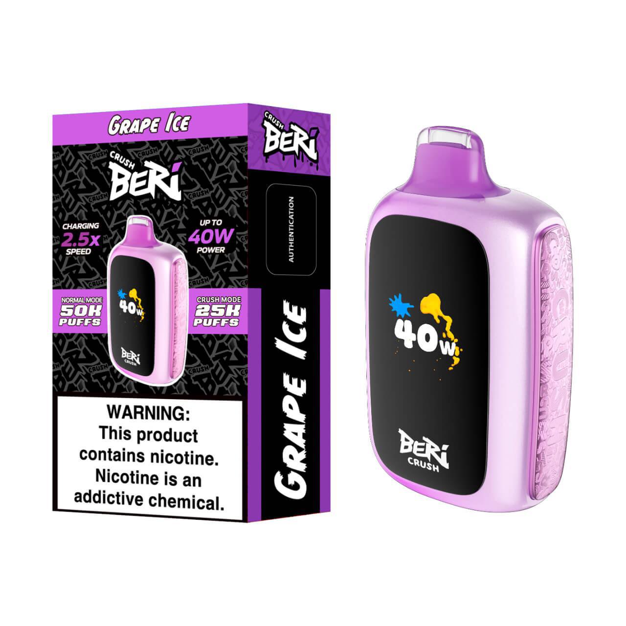 BERI CRUSH Disposable Vape in Grape Ice flavor, featuring 50,000 puffs and 40W power. Stylish packaging and design.
