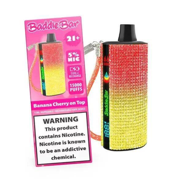 Baddie Bar 15k Disposable Vape in Banana Cherry on Top flavor with colorful design and warning label.