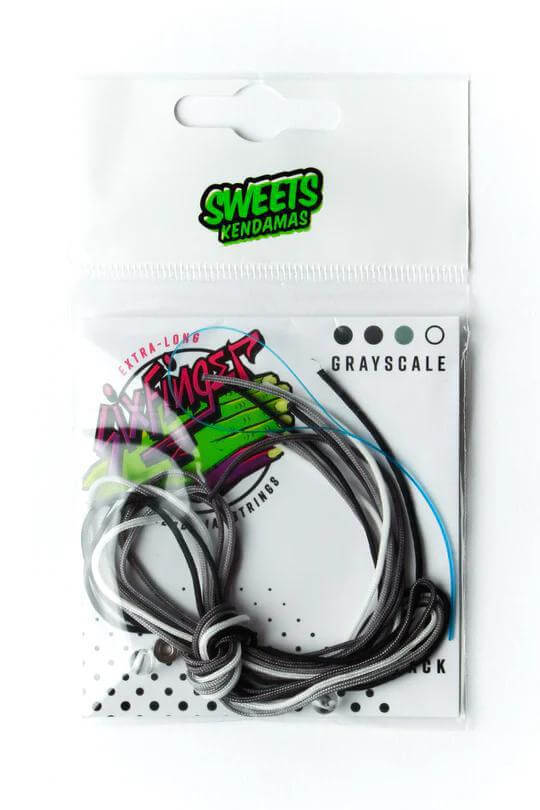 Sweets Kendama SixFinger 4pc String Pack in Grayscale packaging, featuring durable braided nylon strings.