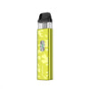 Vaporesso XROS 4 Mini in vibrant yellow with camouflage pattern and 3mL pod, showcasing adjustable airflow and sleek design.