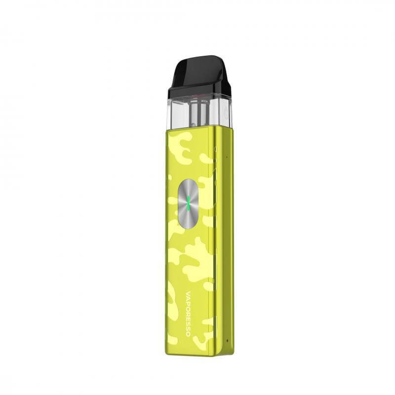 Vaporesso XROS 4 Mini in vibrant yellow with camouflage pattern and 3mL pod, showcasing adjustable airflow and sleek design.