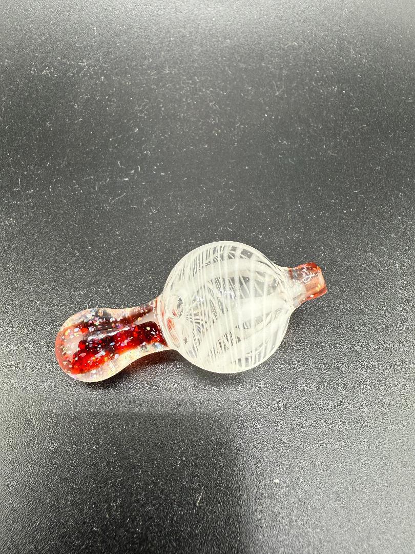 Paulson Pieces Bubble Cap in White & Red Retticello design, handcrafted in Spokane, WA, ideal for terp slurper setups.