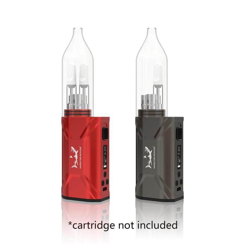 Hamilton Jetstream vaporizer in red and grey with adjustable voltage and airflow modes, cartridge not included.