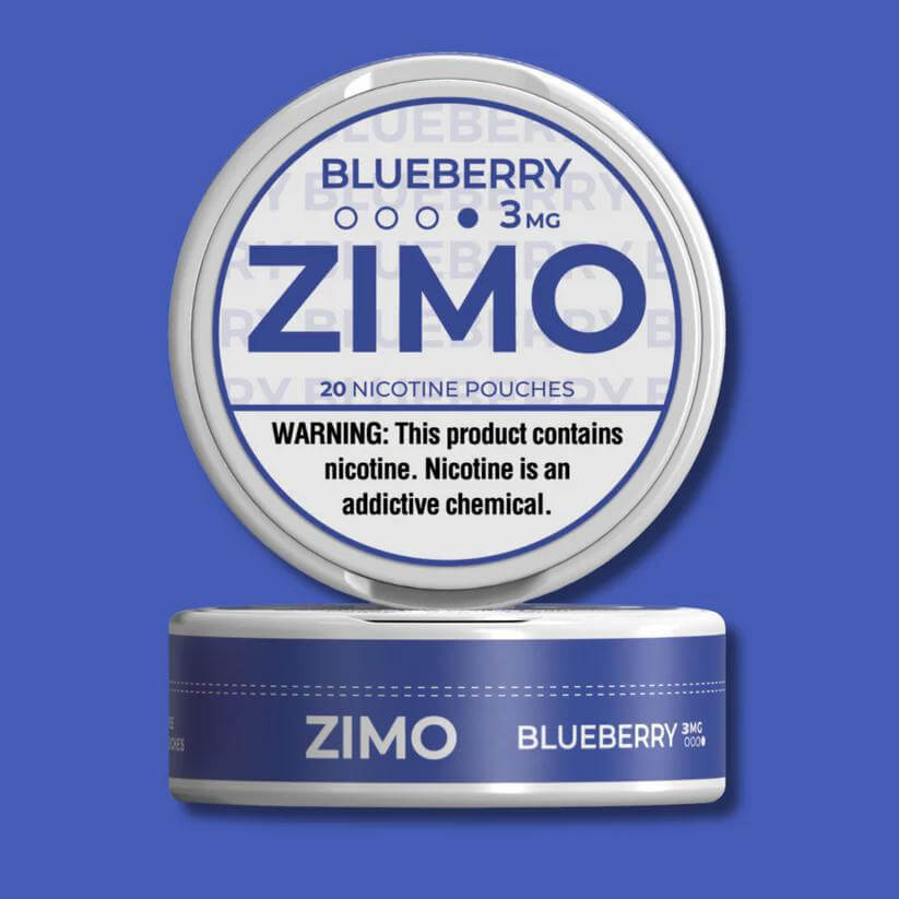 ZIMO Blueberry Nicotine Pouches 3mg featuring a warning label about nicotine addiction.