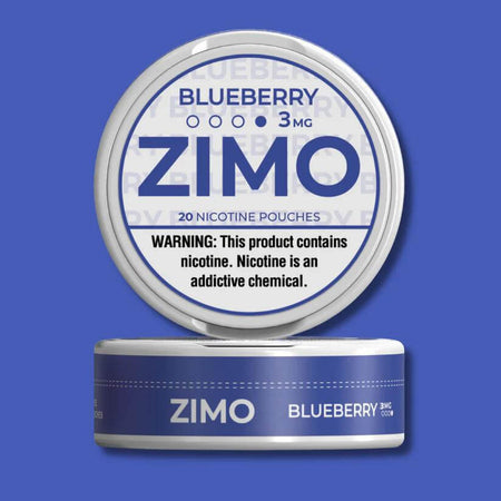 ZIMO Blueberry Nicotine Pouches 3mg featuring a warning label about nicotine addiction.