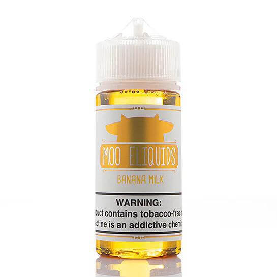 Moo Eliquids 100ml Banana Milk vape juice bottle with vibrant yellow liquid and caution label.