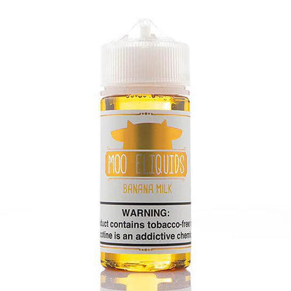 Moo Eliquids 100ml Banana Milk vape juice bottle with vibrant yellow liquid and caution label.