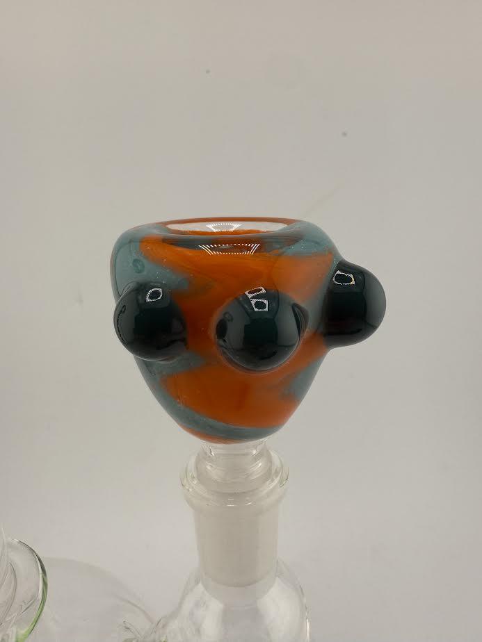 Crondo Glass Frit Swirl 14mm bowl with vibrant orange and teal colors, showcasing artistic design and functional glass art