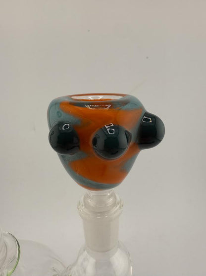 Crondo Glass Frit Swirl 14mm bowl with vibrant orange and teal colors, showcasing artistic design and functional glass art