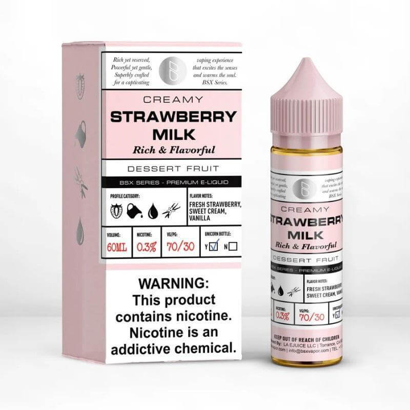 BSX Series Creamy Strawberry Milk 60ml e-liquid, rich and flavorful dessert fruit vape juice.