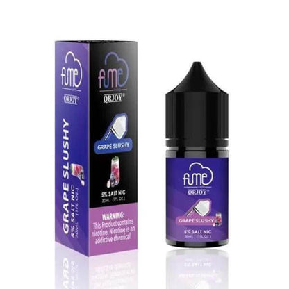 Fume Salt Nic Grape Slushy 5% e-liquid bottle and packaging, showcasing intense flavor for vaping enthusiasts.