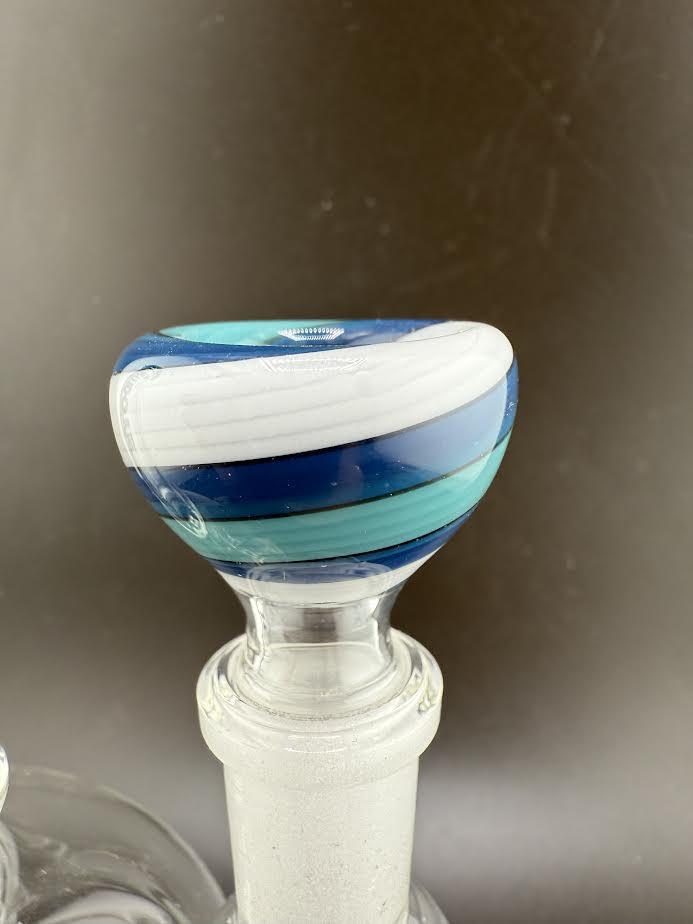 Filla John Glass Basic Wig Wag 14mm Bowl with blue and green stripe design, showcasing vibrant wig wag pattern.