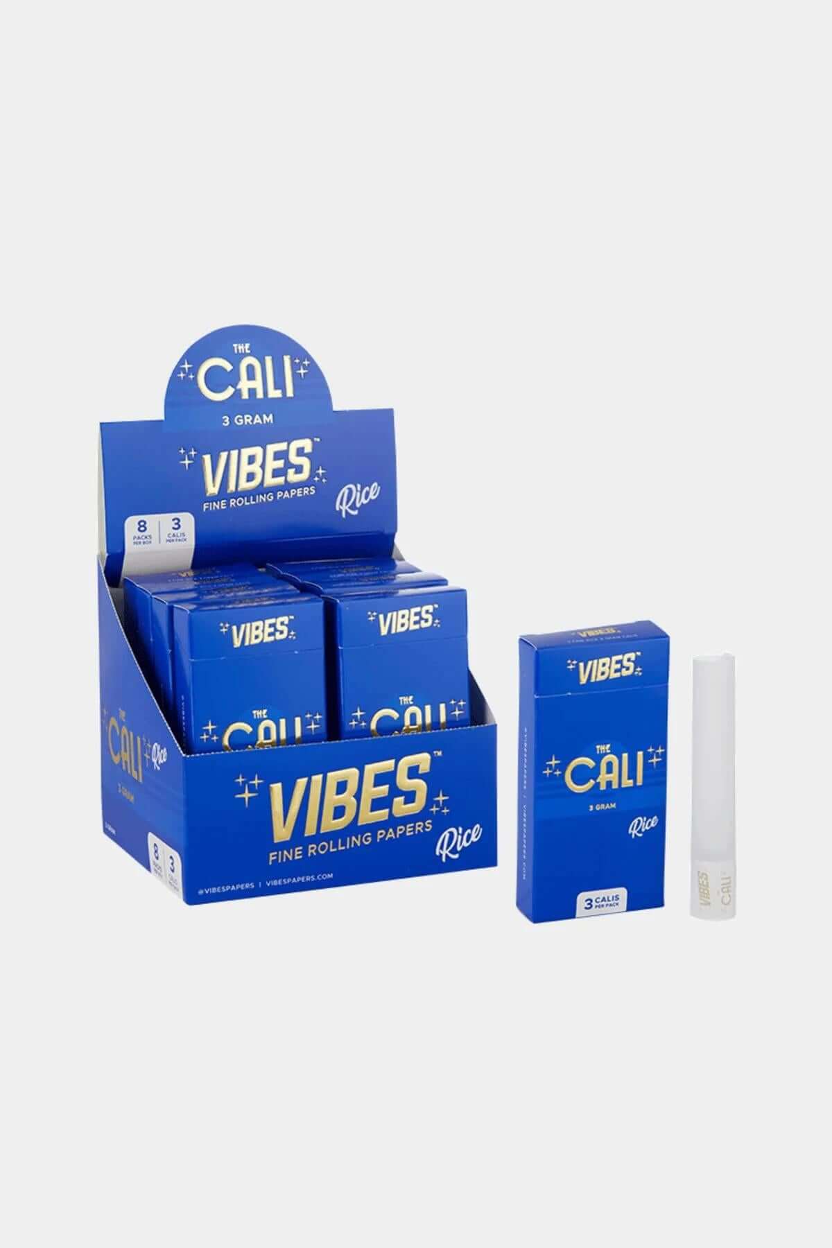 Vibes Cali 3G Cone 3 Pack display featuring Rice rolling papers for premium smoking sessions.