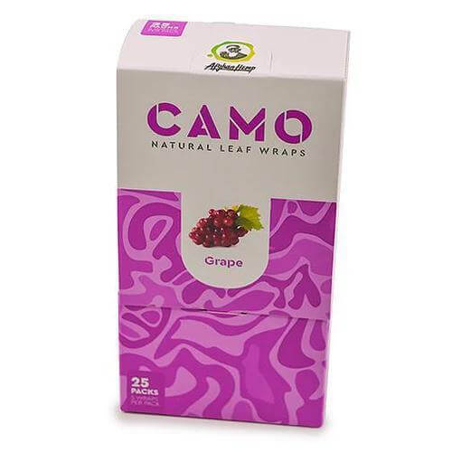 Camo Natural Leaf Wraps in Grape flavor, 25 pack box, premium herbal wraps for a smooth smoking experience.