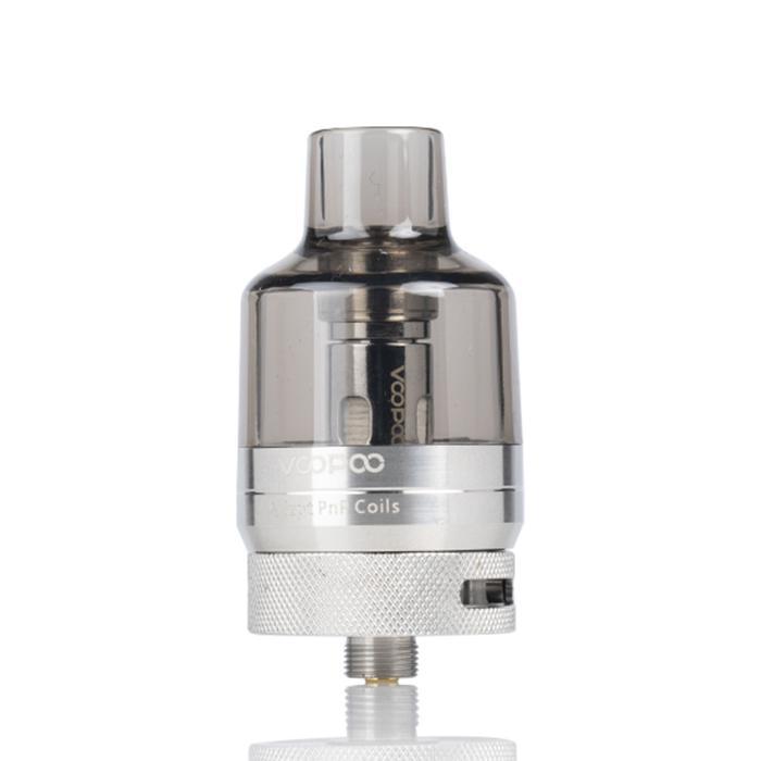 VooPoo PNP Pod Tank in stainless steel with transparent tank showcasing coil design.