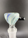 Sir Pyro Glass Heavy Cane 14mm Bowl Piece with vibrant swirl design in blue and green colors, featuring a black handle.