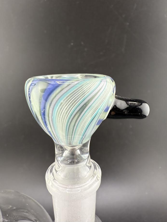 Sir Pyro Glass Heavy Cane 14mm Bowl Piece with vibrant swirl design in blue and green colors, featuring a black handle.