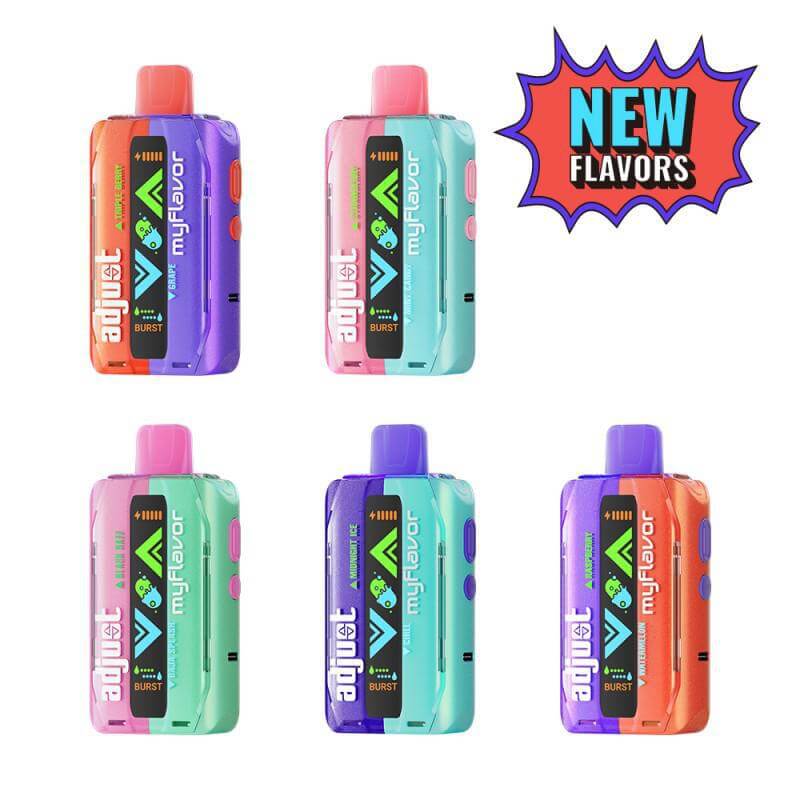 Adjust MyFlavor disposable vapes in various colors and flavors with 'NEW FLAVORS' banner.