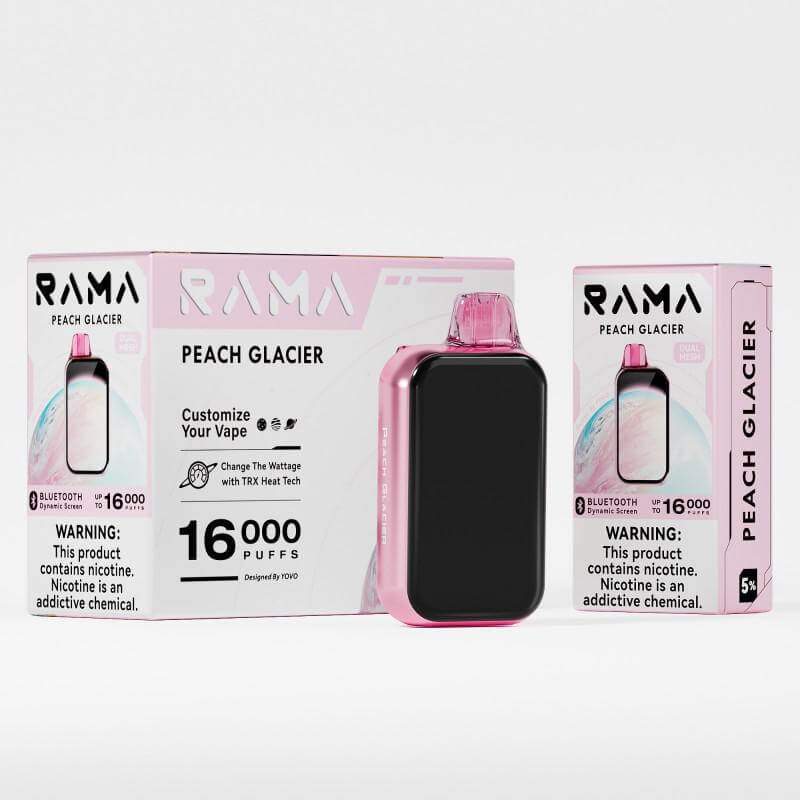 RAMA Peach Glacier Disposable Vape 16,000 puffs with customizable settings and Bluetooth technology.