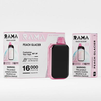 RAMA Peach Glacier Disposable Vape 16,000 puffs with customizable settings and Bluetooth technology.