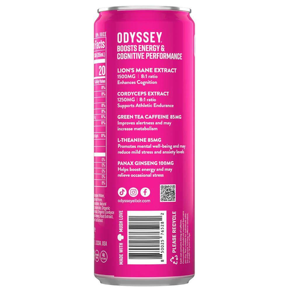 Odyssey Mushroom Elixir Core energy drink can, showcasing ingredients and benefits for energy and cognitive performance.