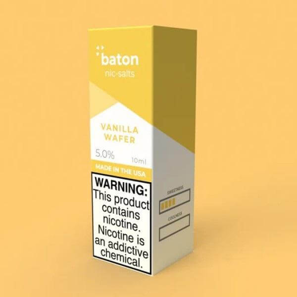 Baton Salts 10ml Vanilla Wafer nicotine e-liquid, 5% strength, packaged in a vibrant yellow box.