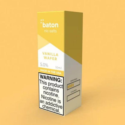 Baton Salts 10ml Vanilla Wafer nicotine e-liquid, 5% strength, packaged in a vibrant yellow box.