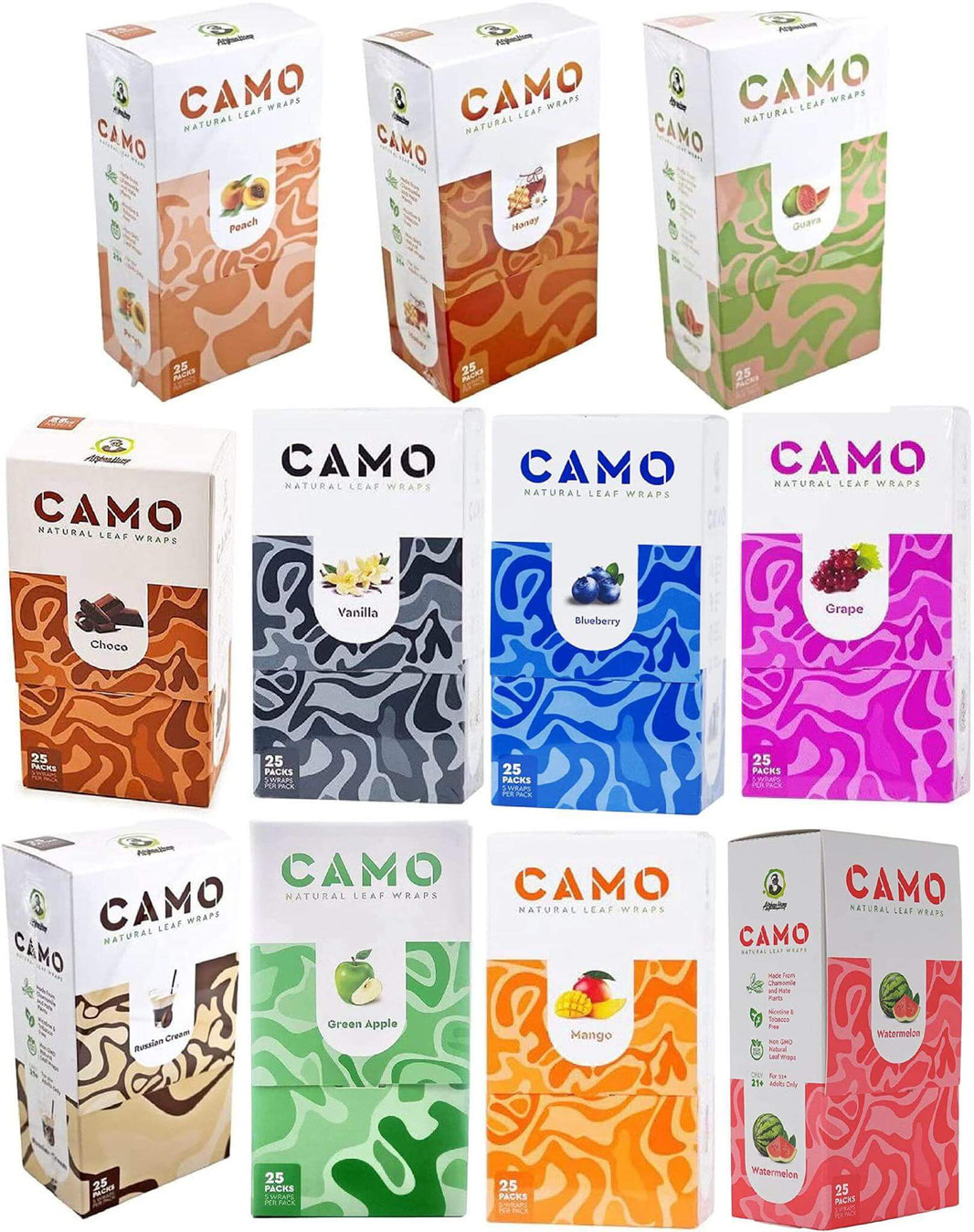 Camo Natural Leaf Wraps in 13 flavors, 5pc herbal wraps pack, premium quality, nicotine-free options.