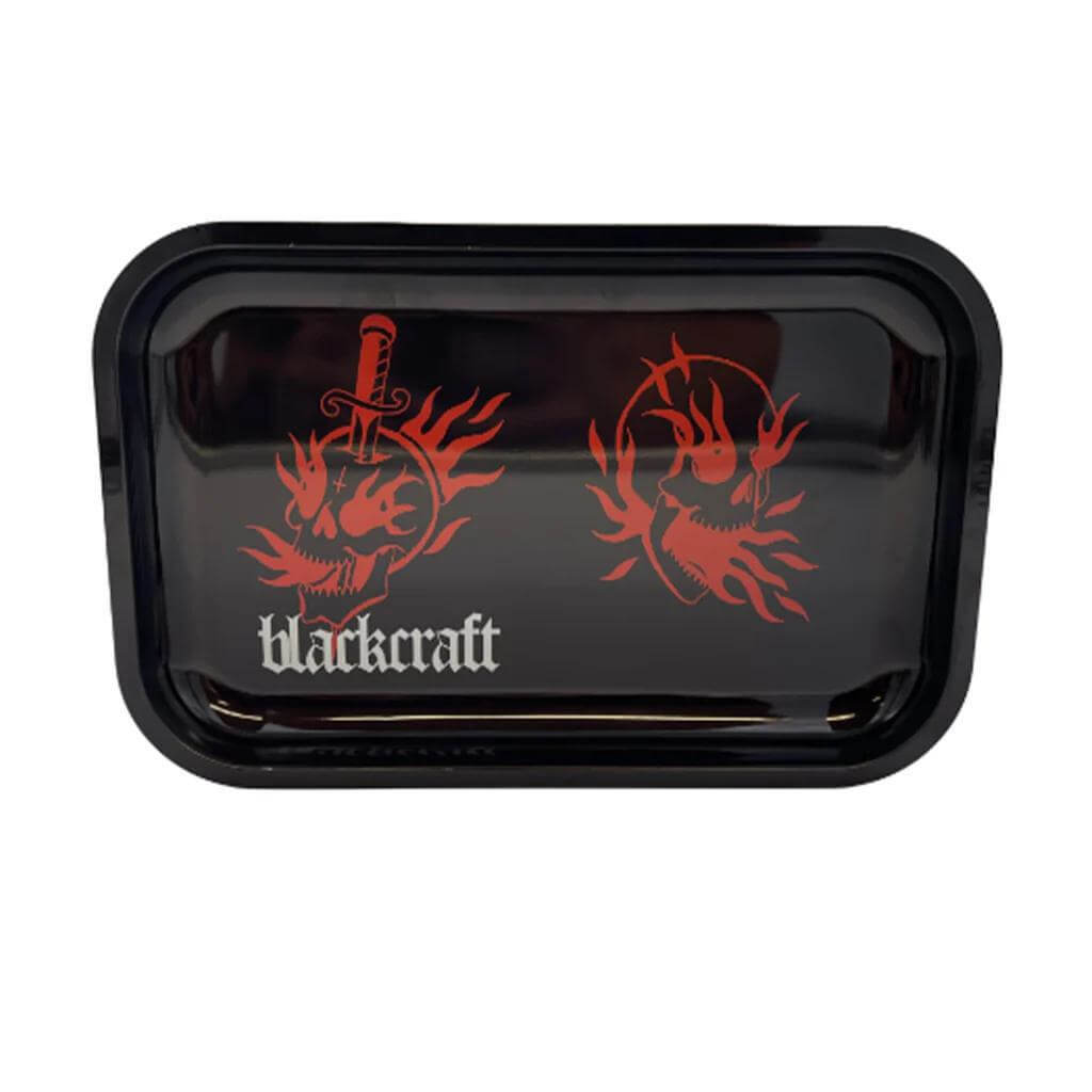 Blackcraft Cult Small Rolling Tray with striking red skull designs on black background for stylish smokers.