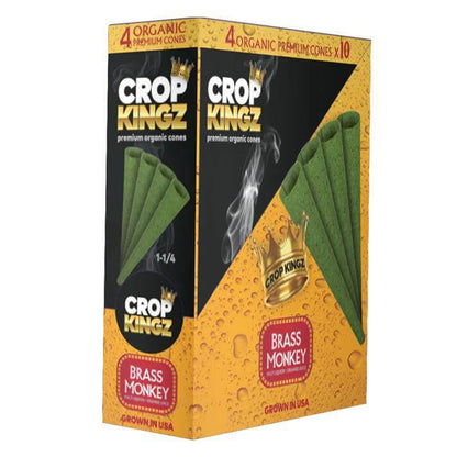 Crop Kingz Organic Hemp Cones 1 1/4 Size 4pc packaging with Brass Monkey branding and green cones.