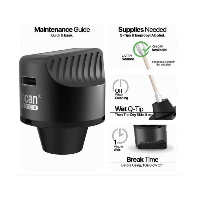 Yocan Black Heat Vision Thermometer Carb Cap maintenance guide with cleaning instructions and supplies needed.