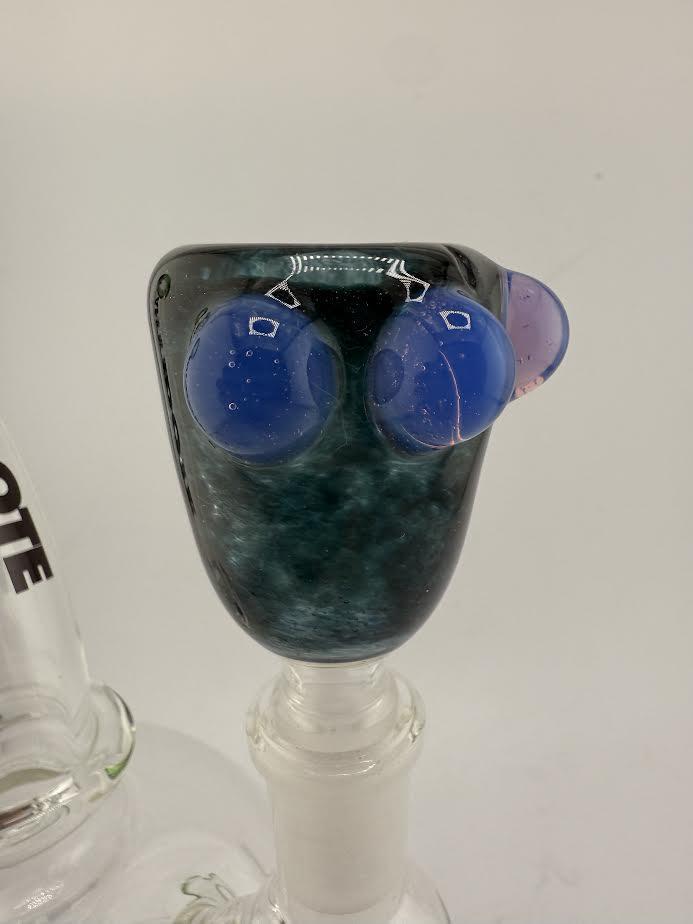 Close-up of Crondo Sparkle 14mm bowl with blue and purple accents and shimmer effect, showcasing unique craftsmanship.