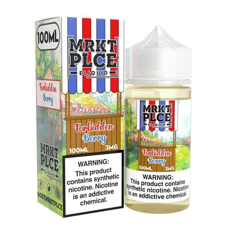 MRKT Place 100ml Forbidden Berry e-liquid packaging and bottle, designed for flavorful cloud vaping.