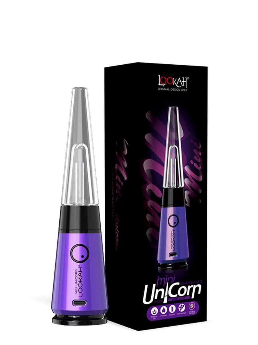 Lookah Unicorn Mini Electric Dab Rig in purple with box, featuring portable design and vapor control.