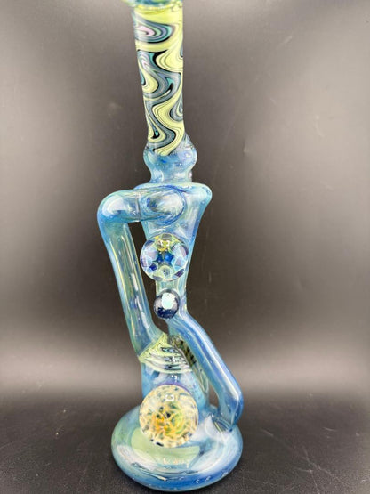 Highgrade Glass  Recycler - Green / Teal Fully Worked with Line Worked Wig Wag Sections & Marble Attachments 10mm 90°