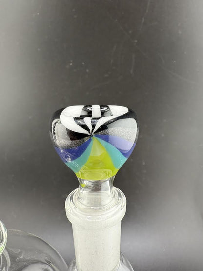 Fila John Glass Basic Wig Wag 14mm Bowl with colorful wig wag linework and solid construction, perfect for glass setups.