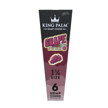 King Palm Grape Swish Hemp Cones 6pc 1 1/4 Size packaging with vibrant graphics.