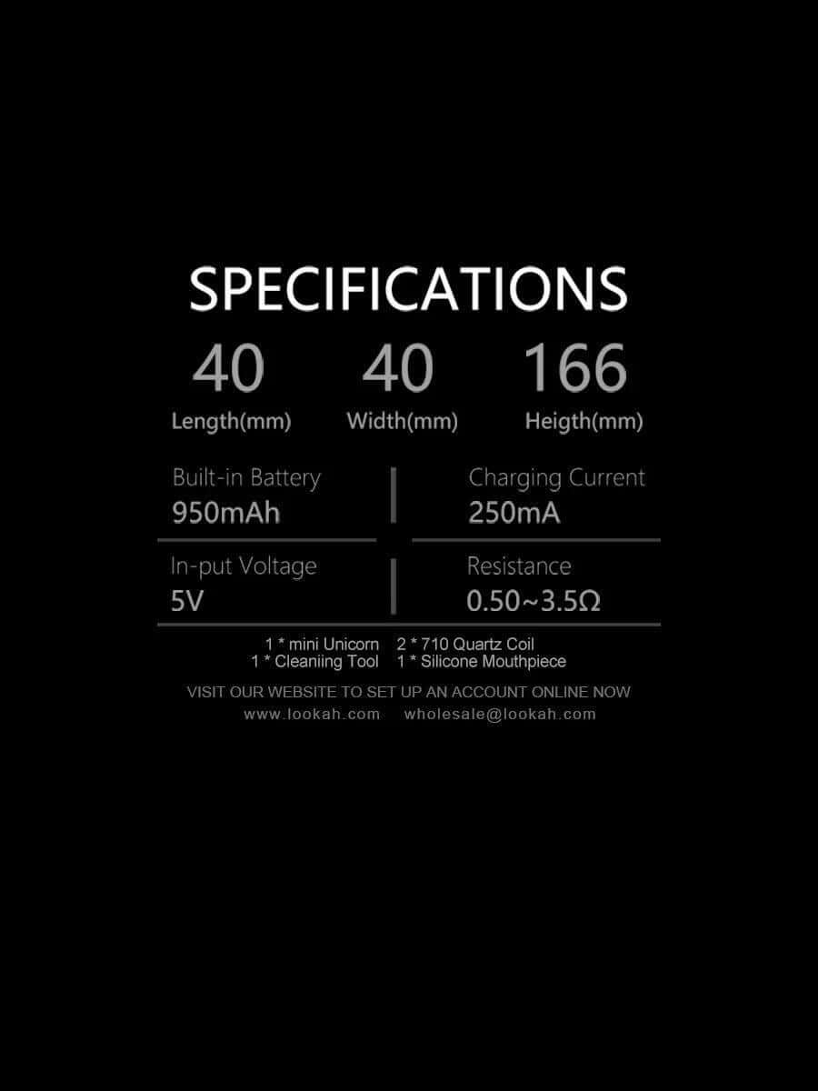 Specifications for Lookah Unicorn Mini including dimensions, battery, voltage, and resistance details.