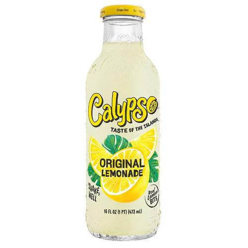 Calypso Lemonade 16oz bottle with vibrant lemons, refreshing and bold flavor, perfect for quenching thirst.