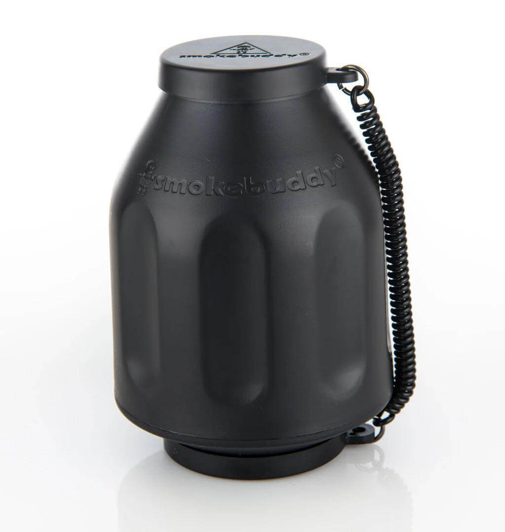 Smokebuddy Original Personal Air Filter in black, designed for odorless smoke exhalation and includes a keychain.