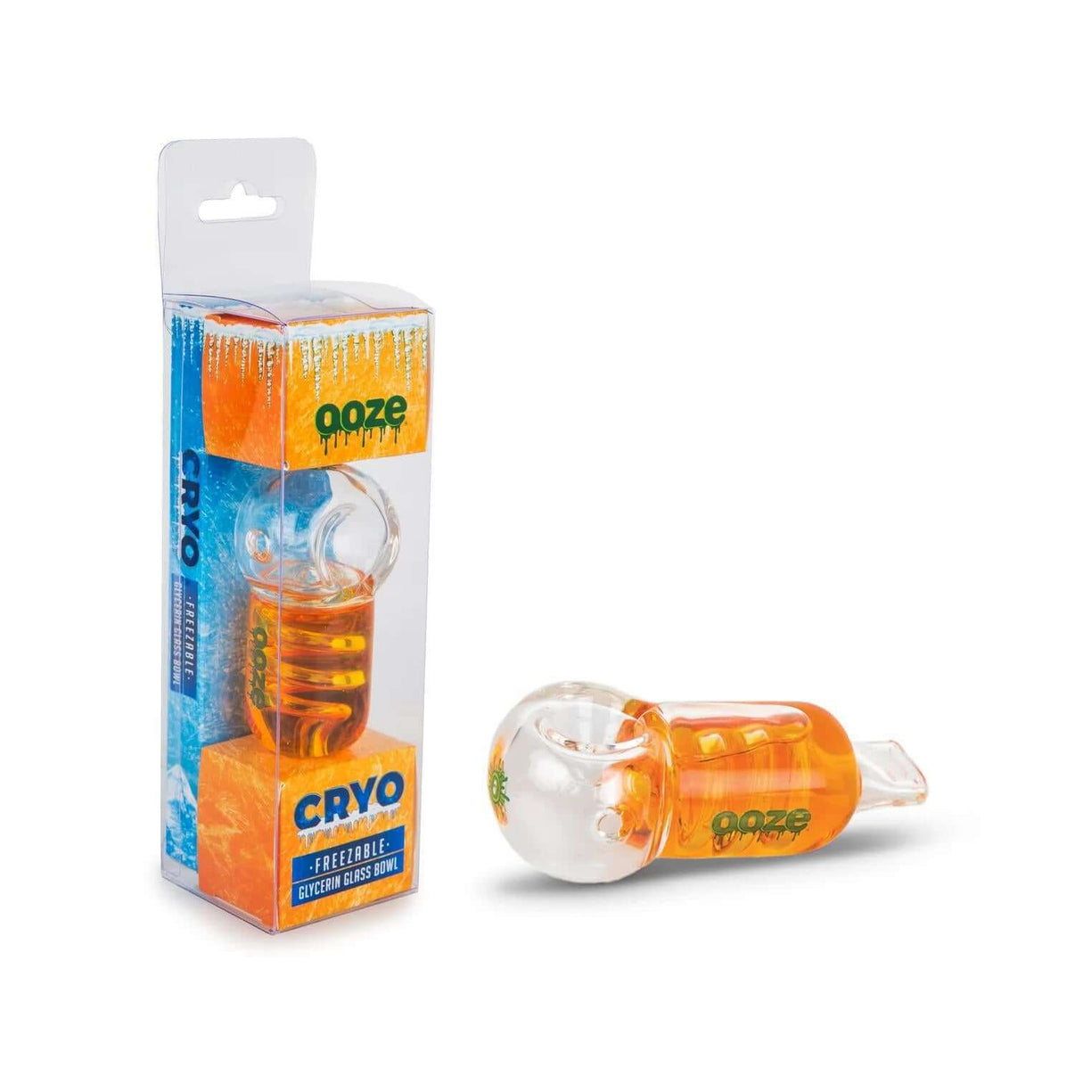 Ooze Cryo Freezable Glycerin Glass Hand Pipe with packaging, designed for smooth and chilled smoking.