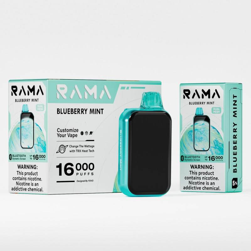 RAMA 16,000 Disposable Vape in Blueberry Mint flavor, showcasing sleek design and customizable features.