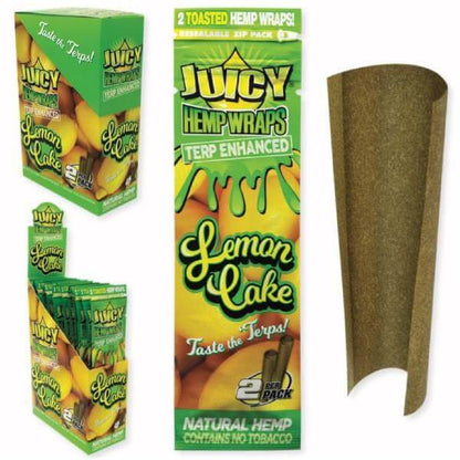 Juicy Jay's Terp Enhanced Toasted Hemp Wraps Lemon Cake flavor, featuring two wraps in a resealable zip pack.