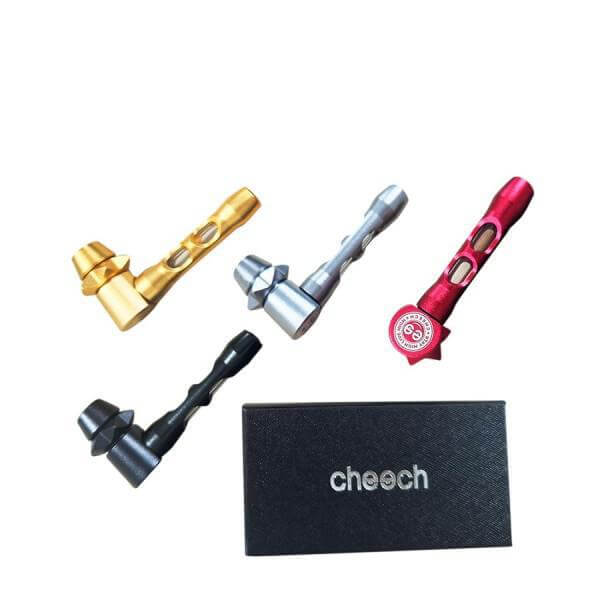 Cheech Glass Metal Fidget Hand Pipe in various colors including gold, silver, and red, displayed with a branded box.