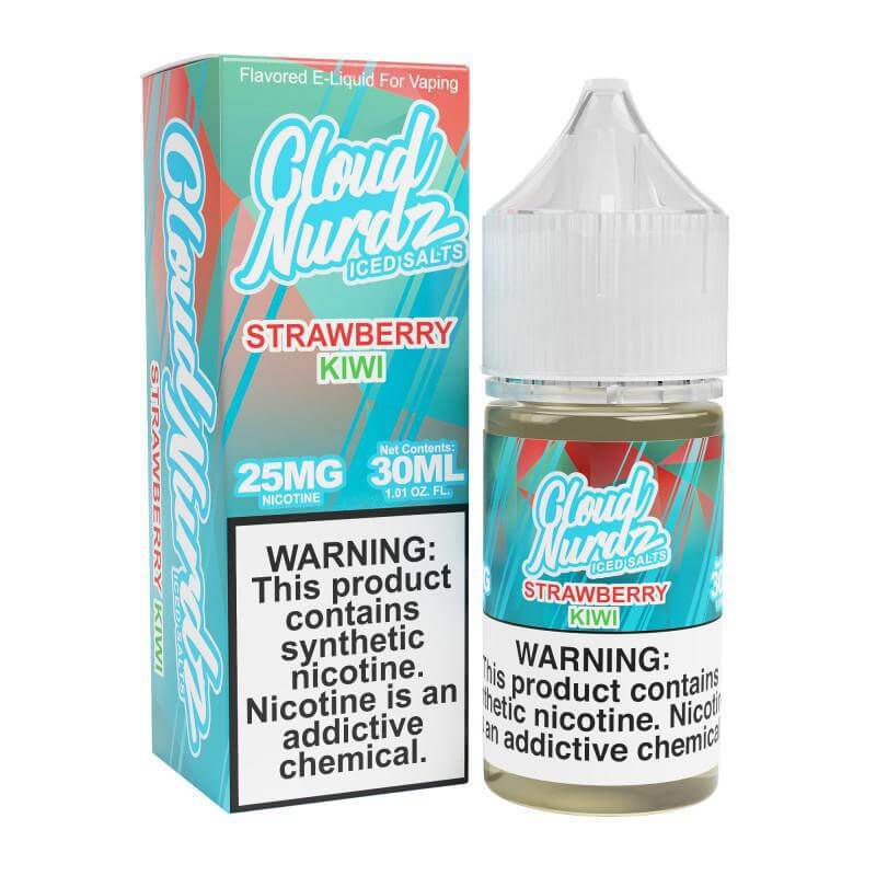 Cloud Nurdz Iced Strawberry Kiwi e-liquid 30ml bottle with nicotine warning, perfect for refreshing vaping experience.